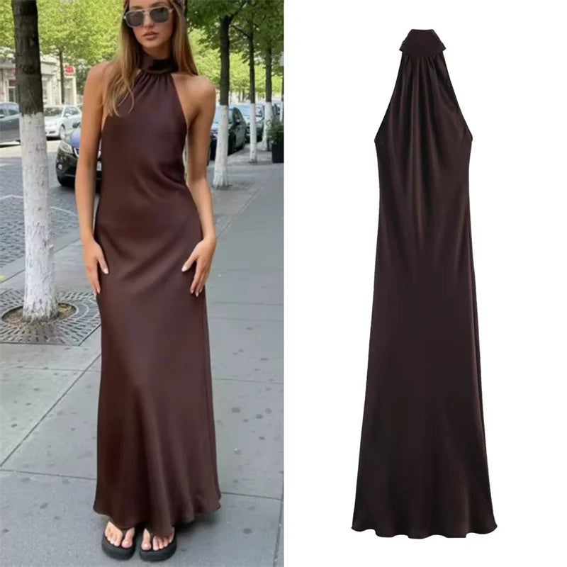 Women's Satin Halter Maxi Dress – Elegant Sleeveless Evening Dress-Dresses-CAMOUFIT-Dark Brown-XS-Sienarae