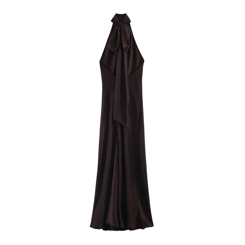 Women's Satin Halter Maxi Dress – Elegant Sleeveless Evening Dress-Dresses-CAMOUFIT-Dark Brown-XS-Sienarae