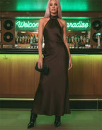 Women's Satin Halter Maxi Dress – Elegant Sleeveless Evening Dress-Dresses-CAMOUFIT-Dark Brown-XS-Sienarae