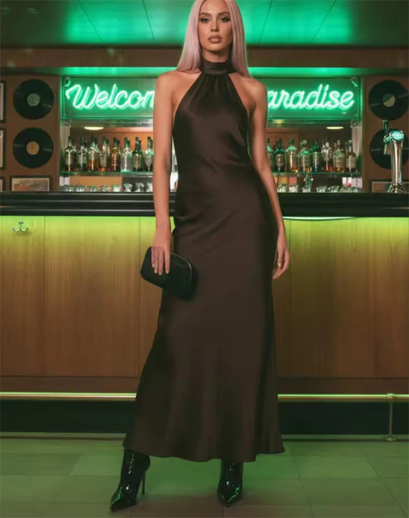 Women's Satin Halter Maxi Dress – Elegant Sleeveless Evening Dress-Dresses-CAMOUFIT-Dark Brown-XS-Sienarae