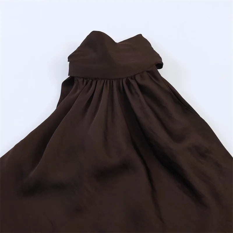 Women's Satin Halter Maxi Dress – Elegant Sleeveless Evening Dress-Dresses-CAMOUFIT-Dark Brown-XS-Sienarae