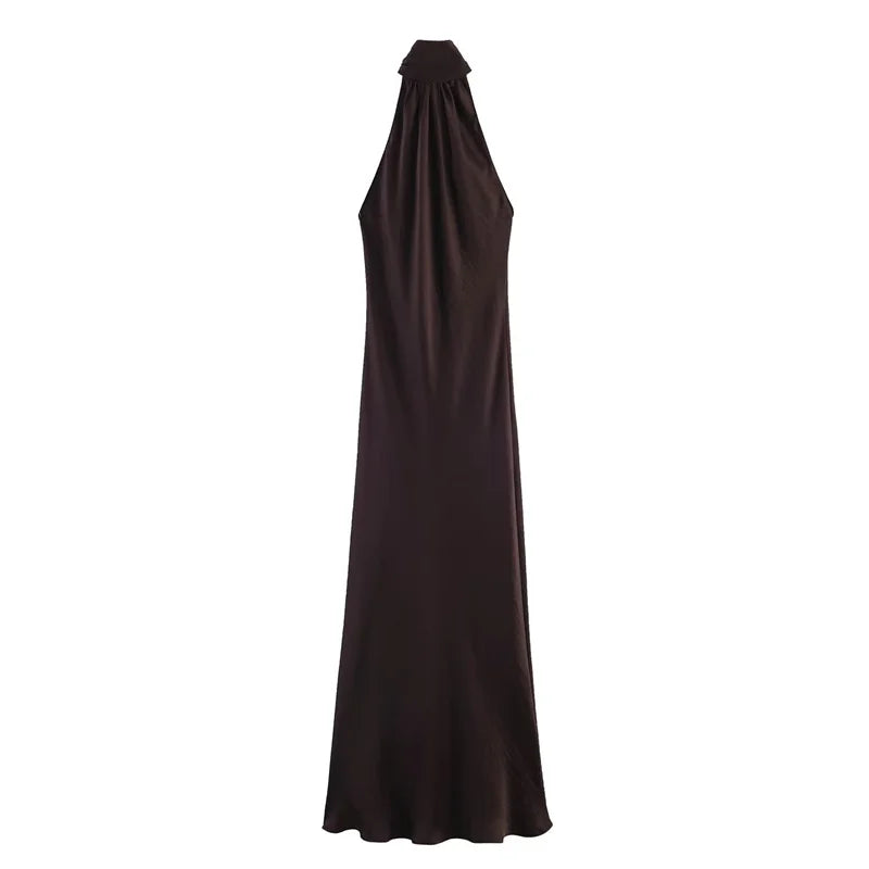 Women's Satin Halter Maxi Dress – Elegant Sleeveless Evening Dress-Dresses-CAMOUFIT-Dark Brown-XS-Sienarae