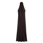 Women's Satin Halter Maxi Dress – Elegant Sleeveless Evening Dress-Dresses-CAMOUFIT-Dark Brown-XS-Sienarae