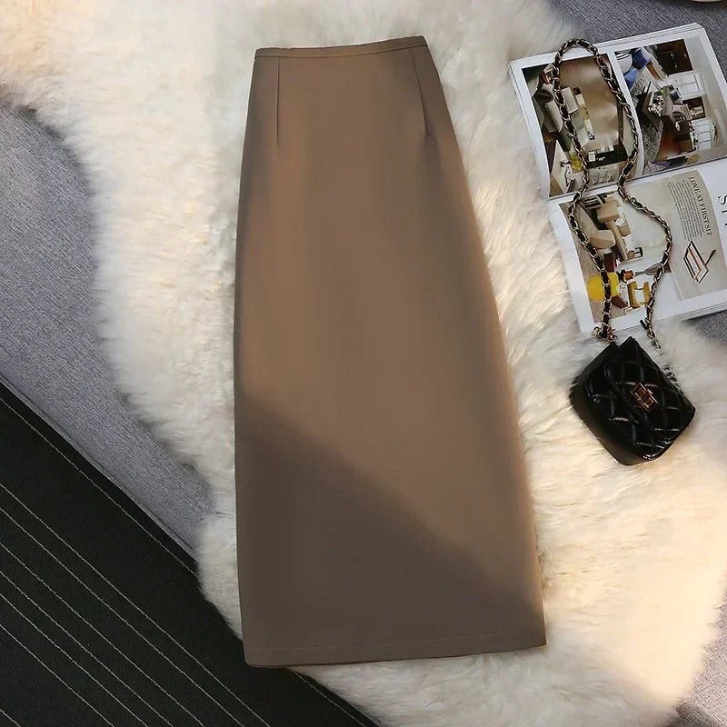 Women’s Mocha High Waist Maxi Skirt – Elegant Tailored Long Skirt-Skirts-CAMOUFIT-Khaki-S-Sienarae