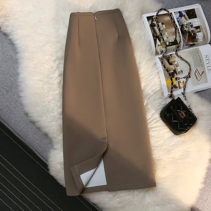 Women’s Mocha High Waist Maxi Skirt – Elegant Tailored Long Skirt-Skirts-CAMOUFIT-Khaki-S-Sienarae