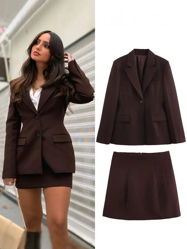 Women’s Chocolate Brown Blazer and Mini Skirt Set – Elegant Tailored Two Piece Suit-Two piece sets-CAMOUFIT-Brown-XS-Sienarae