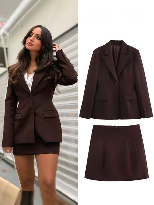 Women’s Chocolate Brown Blazer and Mini Skirt Set – Elegant Tailored Two Piece Suit-Two piece sets-CAMOUFIT-Brown-XS-Sienarae