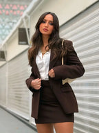 Women’s Chocolate Brown Blazer and Mini Skirt Set – Elegant Tailored Two Piece Suit-Two piece sets-CAMOUFIT-Brown-XS-Sienarae