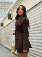 Women’s Chocolate Brown Blazer and Mini Skirt Set – Elegant Tailored Two Piece Suit-Two piece sets-CAMOUFIT-Brown-XS-Sienarae