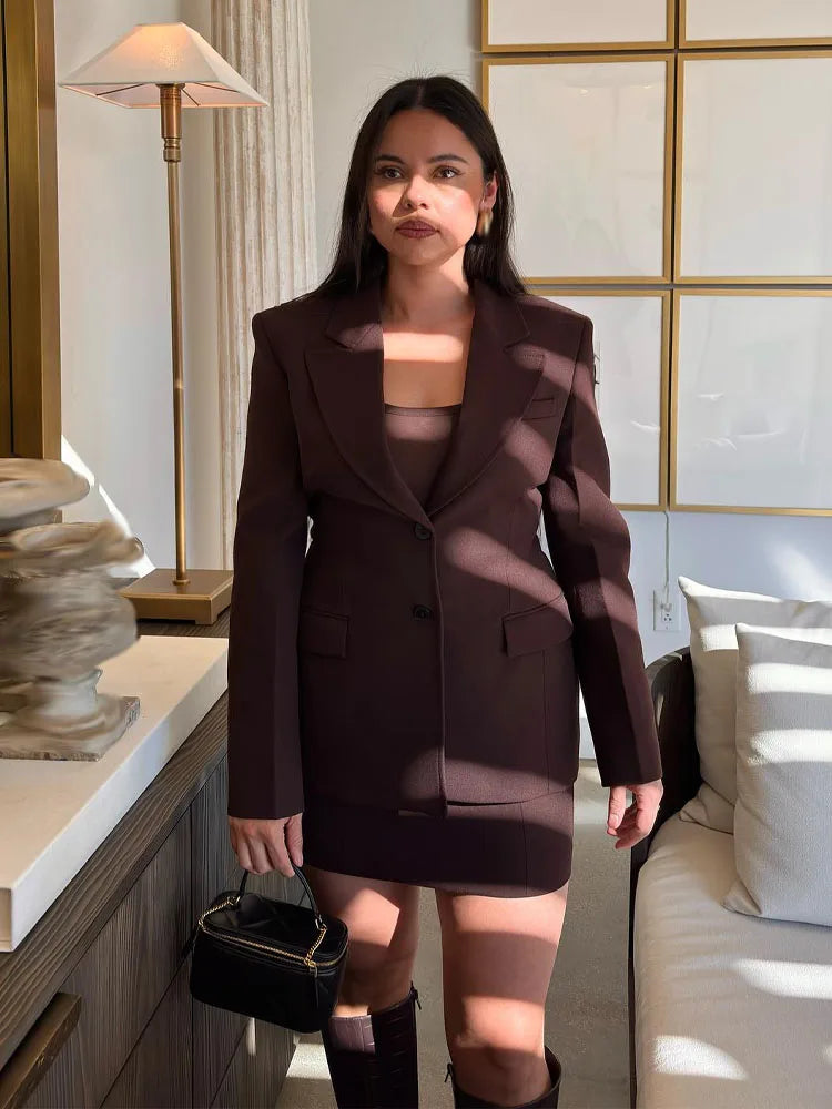 Women’s Chocolate Brown Blazer and Mini Skirt Set – Elegant Tailored Two Piece Suit-Two piece sets-CAMOUFIT-Brown-XS-Sienarae