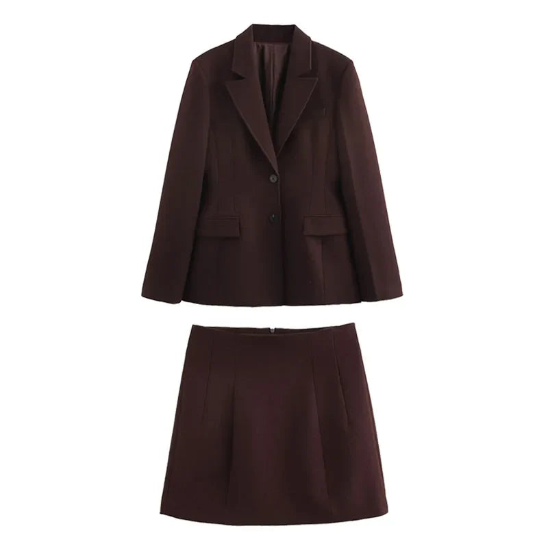 Women’s Chocolate Brown Blazer and Mini Skirt Set – Elegant Tailored Two Piece Suit-Two piece sets-CAMOUFIT-Brown-XS-Sienarae