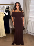 Women’s Off-Shoulder Maxi Dress – Elegant Pleated Evening Dress-Dresses-CAMOUFIT-Dark Brown-S-Sienarae