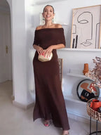 Women’s Off-Shoulder Maxi Dress – Elegant Pleated Evening Dress-Dresses-CAMOUFIT-Dark Brown-S-Sienarae