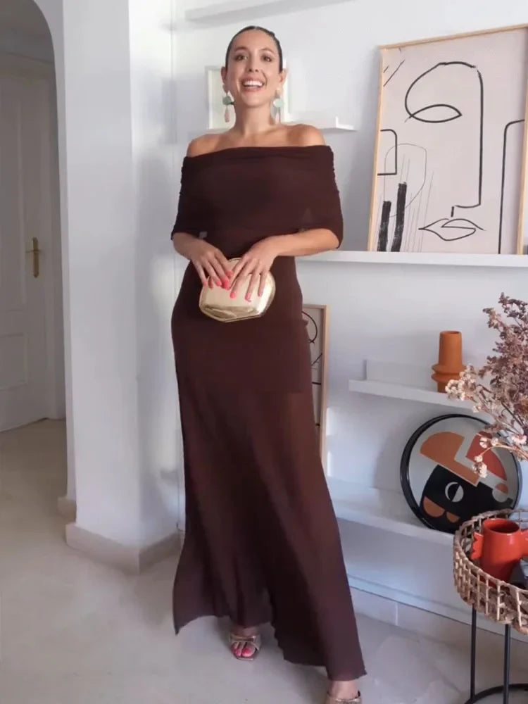 Women’s Off-Shoulder Maxi Dress – Elegant Pleated Evening Dress-Dresses-CAMOUFIT-Dark Brown-S-Sienarae