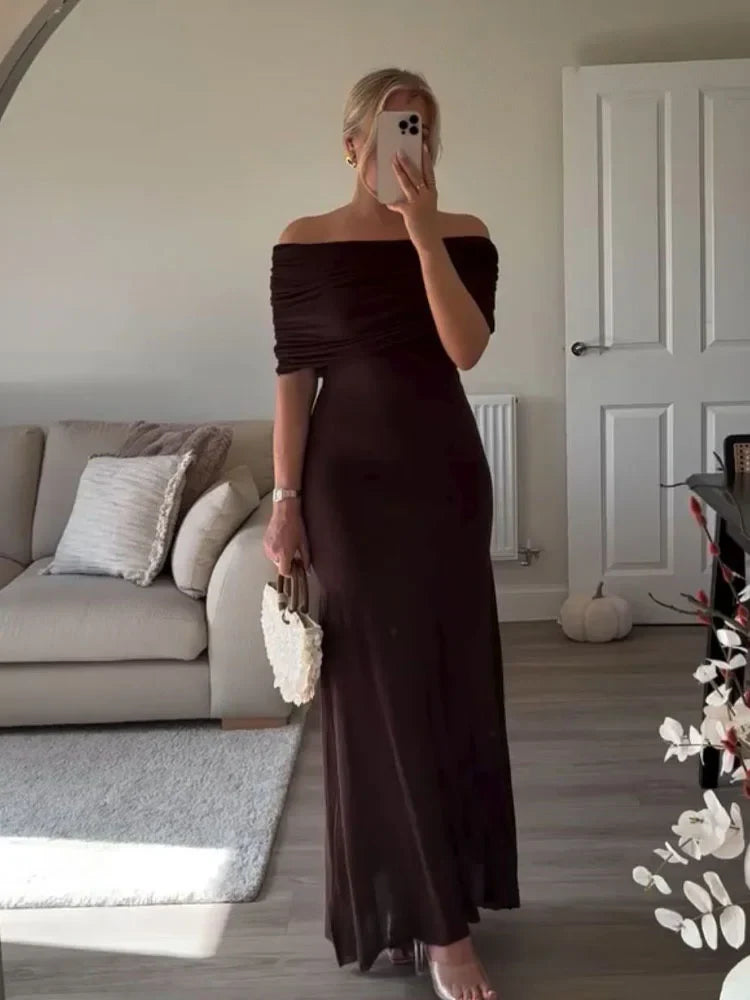 Women’s Off-Shoulder Maxi Dress – Elegant Pleated Evening Dress-Dresses-CAMOUFIT-Dark Brown-S-Sienarae