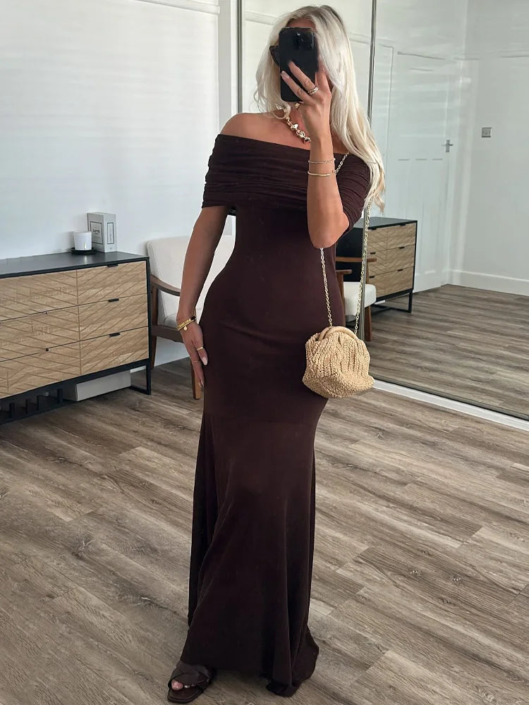 Women’s Off-Shoulder Maxi Dress – Elegant Pleated Evening Dress-Dresses-CAMOUFIT-Dark Brown-S-Sienarae