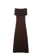 Women’s Off-Shoulder Maxi Dress – Elegant Pleated Evening Dress-Dresses-CAMOUFIT-Dark Brown-S-Sienarae