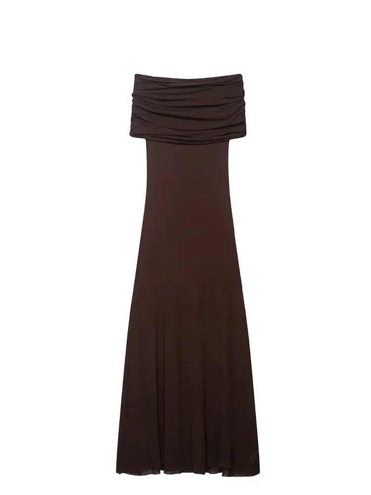 Women’s Off-Shoulder Maxi Dress – Elegant Pleated Evening Dress-Dresses-CAMOUFIT-Dark Brown-S-Sienarae
