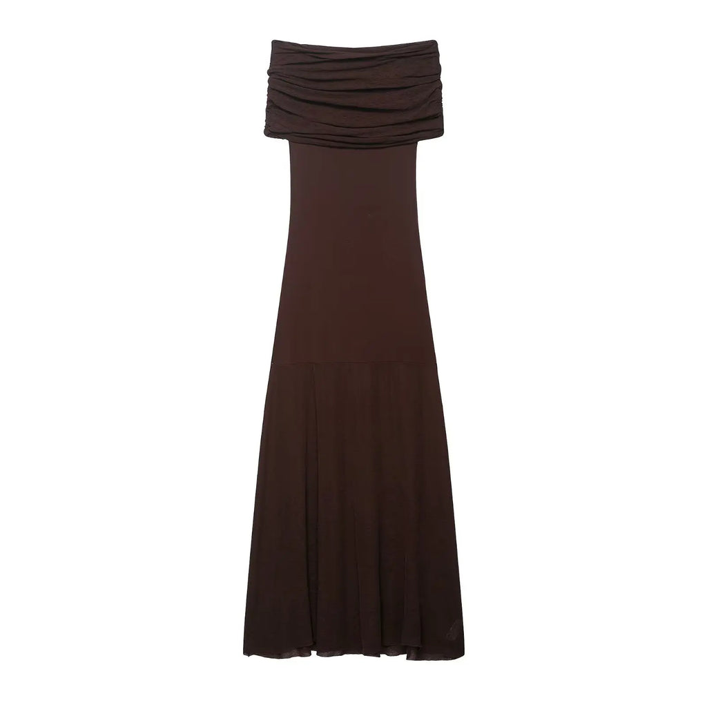 Women’s Off-Shoulder Maxi Dress – Elegant Pleated Evening Dress-Dresses-CAMOUFIT-Dark Brown-S-Sienarae
