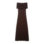 Women’s Off-Shoulder Maxi Dress – Elegant Pleated Evening Dress-Dresses-CAMOUFIT-Dark Brown-S-Sienarae