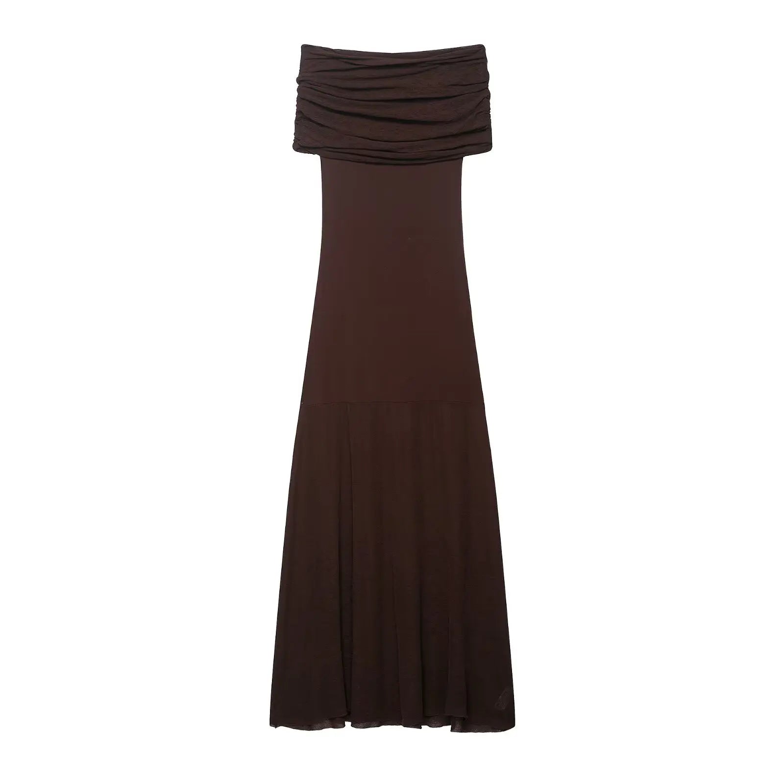 Women’s Off-Shoulder Maxi Dress – Elegant Pleated Evening Dress-Dresses-CAMOUFIT-Dark Brown-S-Sienarae