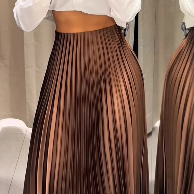 Women’s Chocolate Brown Pleated Midi Skirt – Elegant High Waist Flowing Skirt-Skirts-CAMOUFIT-Brown-XS-Sienarae