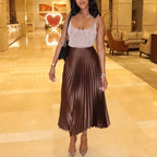 Women’s Chocolate Brown Pleated Midi Skirt – Elegant High Waist Flowing Skirt-Skirts-CAMOUFIT-Brown-XS-Sienarae