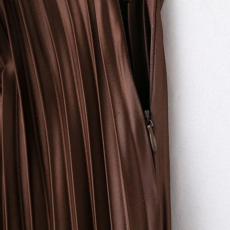 Women’s Chocolate Brown Pleated Midi Skirt – Elegant High Waist Flowing Skirt-Skirts-CAMOUFIT-Brown-XS-Sienarae