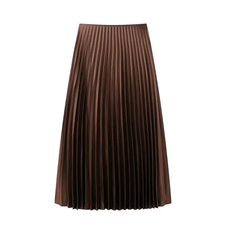 Women’s Chocolate Brown Pleated Midi Skirt – Elegant High Waist Flowing Skirt-Skirts-CAMOUFIT-Brown-XS-Sienarae
