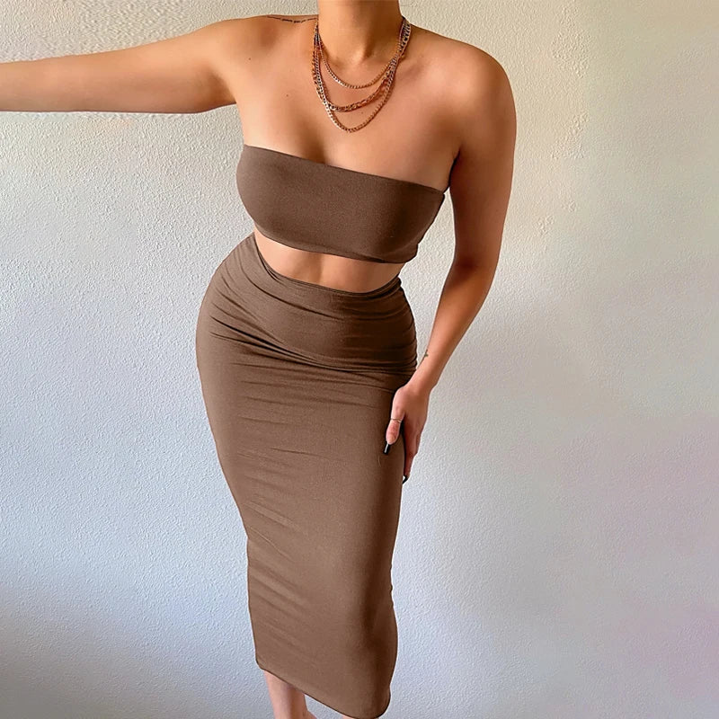 Women’s Strapless Two Piece Maxi Skirt Set – Elegant Tube Top Co-Ord Outfit-Two piece sets-CAMOUFIT-Brown-XS-Sienarae