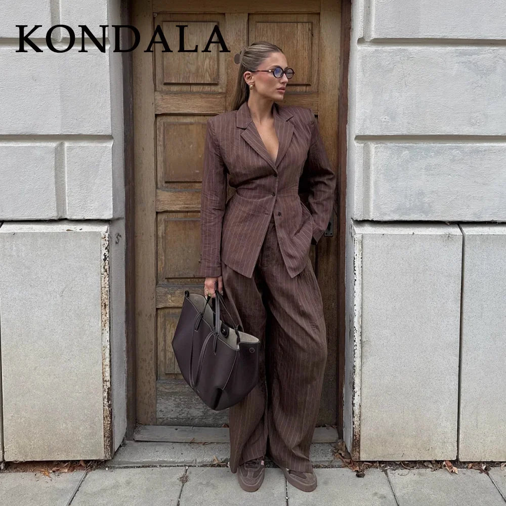Women’s Pinstripe Suit Set – Tailored Blazer & Wide-Leg Trousers-Two piece sets-CAMOUFIT-Brown-XS-Sienarae