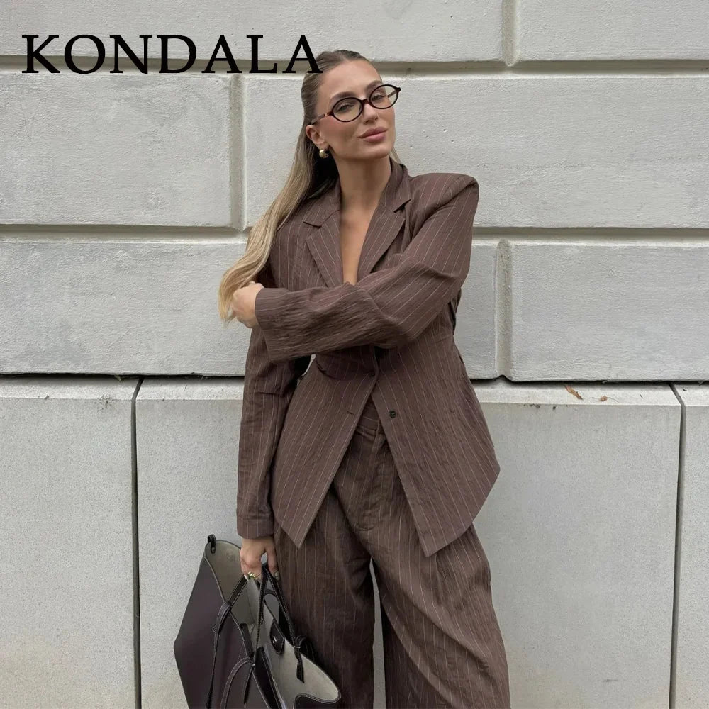 Women’s Pinstripe Suit Set – Tailored Blazer & Wide-Leg Trousers-Two piece sets-CAMOUFIT-Brown-XS-Sienarae