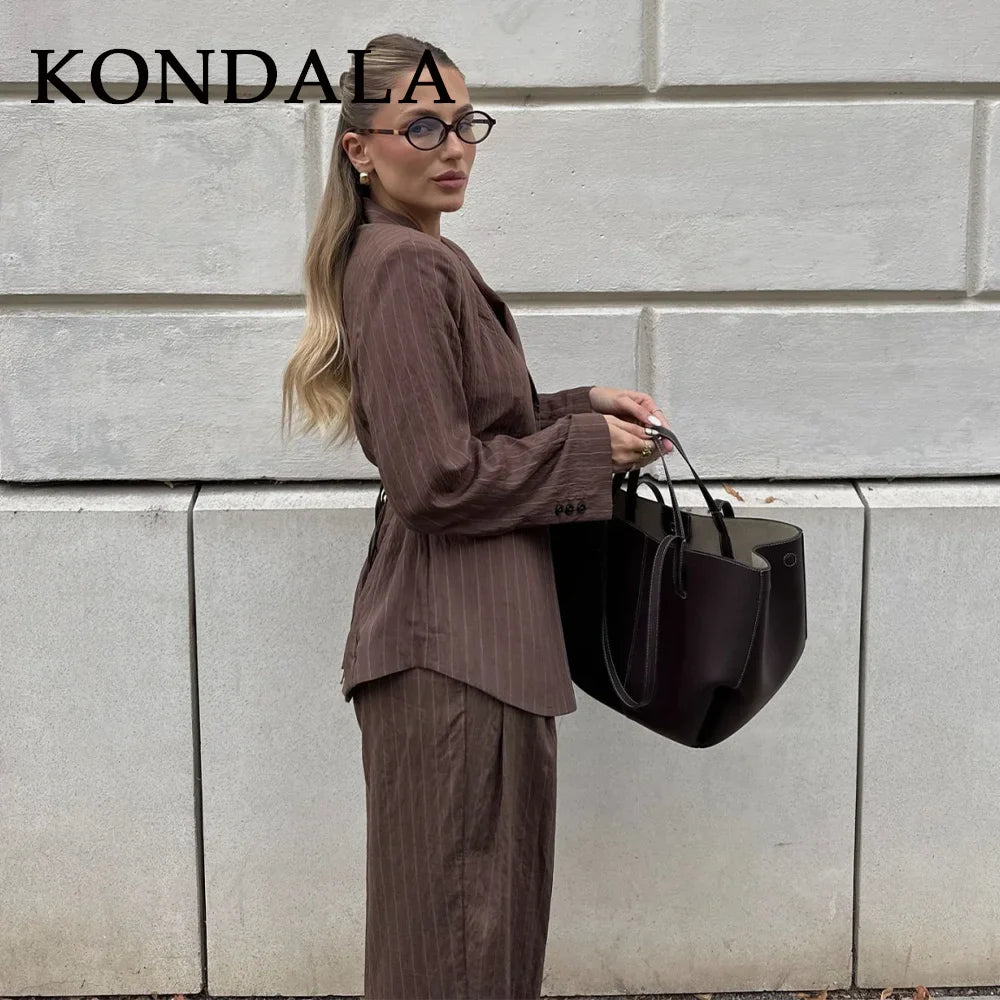 Women’s Pinstripe Suit Set – Tailored Blazer & Wide-Leg Trousers-Two piece sets-CAMOUFIT-Brown-XS-Sienarae
