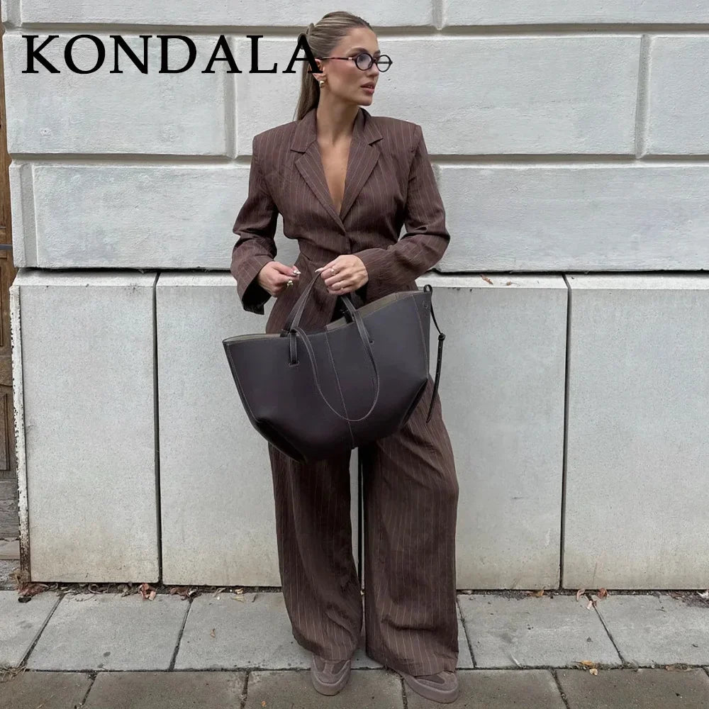 Women’s Pinstripe Suit Set – Tailored Blazer & Wide-Leg Trousers-Two piece sets-CAMOUFIT-Brown-XS-Sienarae