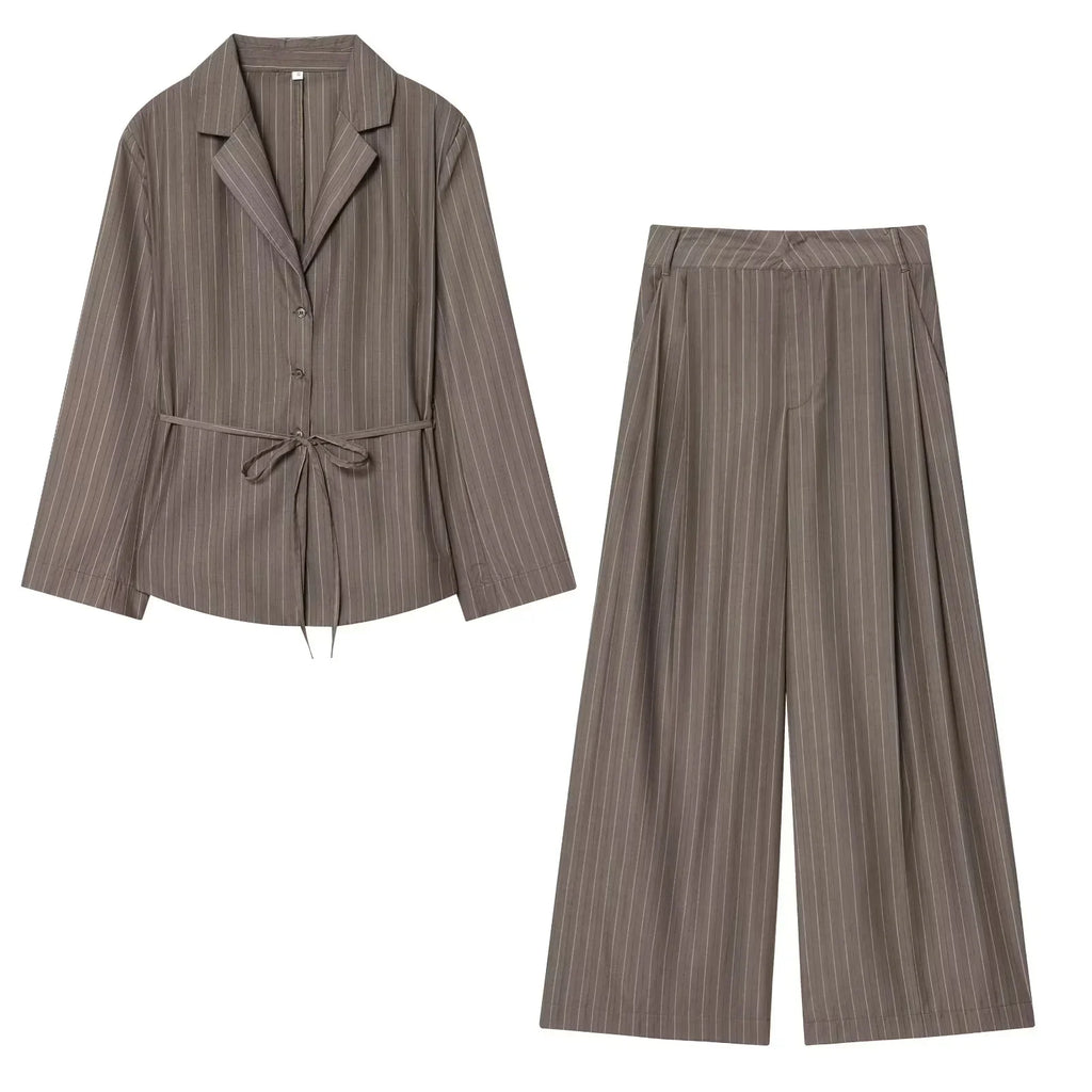 Women’s Pinstripe Suit Set – Tailored Blazer & Wide-Leg Trousers-Two piece sets-CAMOUFIT-Brown-XS-Sienarae