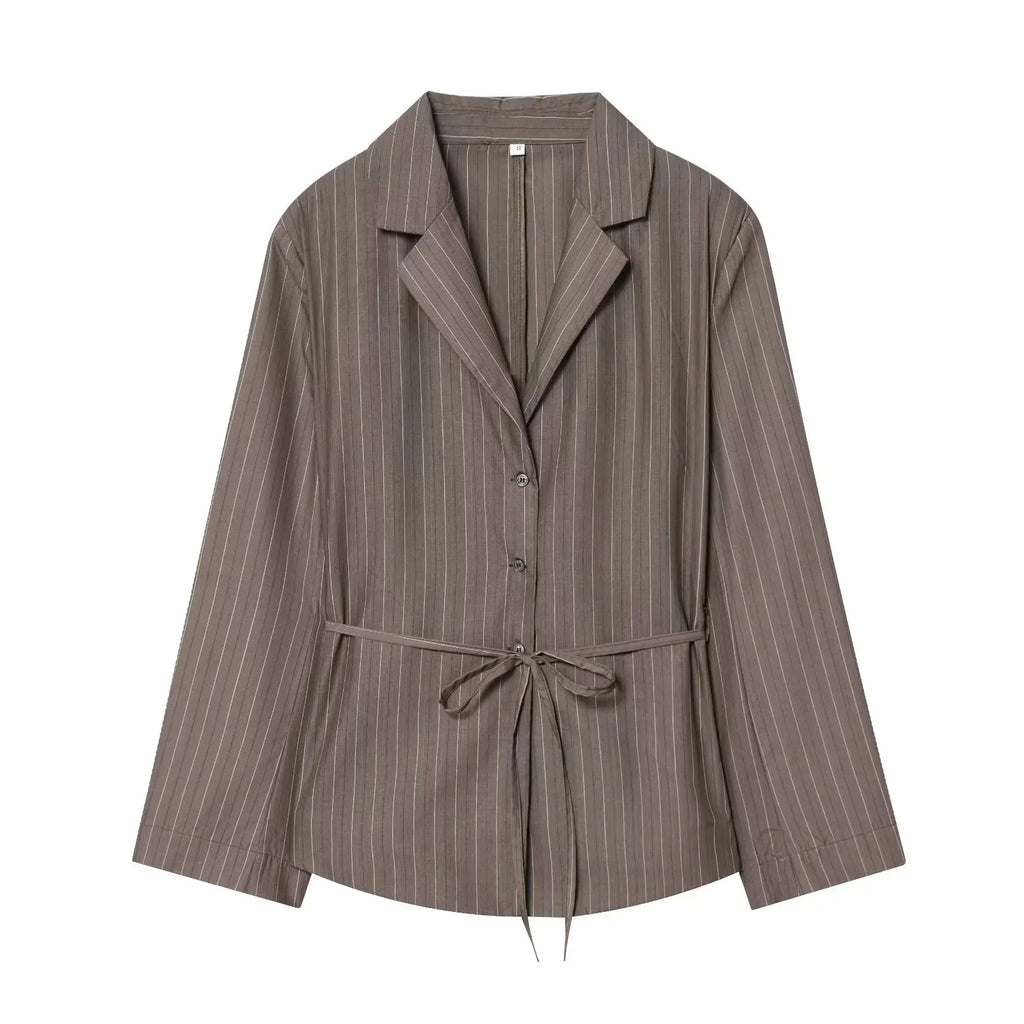 Women’s Pinstripe Suit Set – Tailored Blazer & Wide-Leg Trousers-Two piece sets-CAMOUFIT-Brown-XS-Sienarae