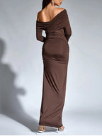Women’s Chocolate One-Shoulder Maxi Dress – Ruched Long Sleeve Evening Gown-Dresses-CAMOUFIT-Brown-XS-Sienarae