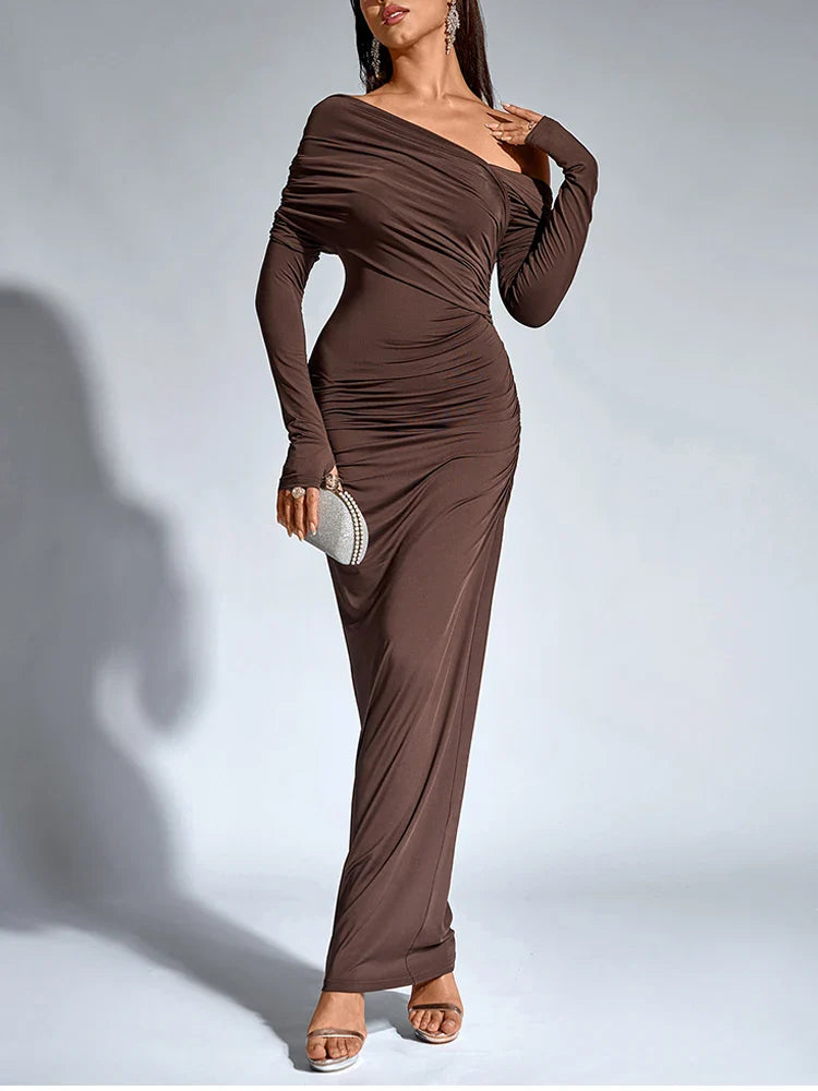 Women’s Chocolate One-Shoulder Maxi Dress – Ruched Long Sleeve Evening Gown-Dresses-CAMOUFIT-Brown-XS-Sienarae
