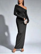 Women’s Chocolate One-Shoulder Maxi Dress – Ruched Long Sleeve Evening Gown-Dresses-CAMOUFIT-Brown-XS-Sienarae