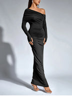 Women’s Chocolate One-Shoulder Maxi Dress – Ruched Long Sleeve Evening Gown-Dresses-CAMOUFIT-Brown-XS-Sienarae