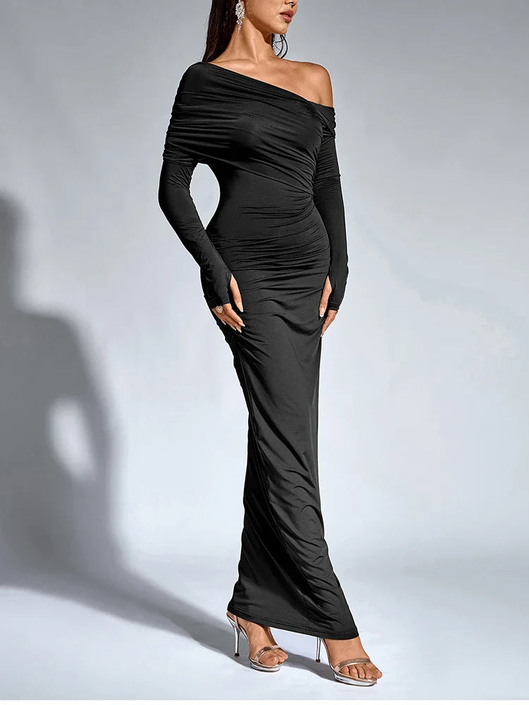 Women’s Chocolate One-Shoulder Maxi Dress – Ruched Long Sleeve Evening Gown-Dresses-CAMOUFIT-Brown-XS-Sienarae