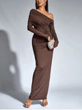 Women’s Chocolate One-Shoulder Maxi Dress – Ruched Long Sleeve Evening Gown-Dresses-CAMOUFIT-Brown-XS-Sienarae