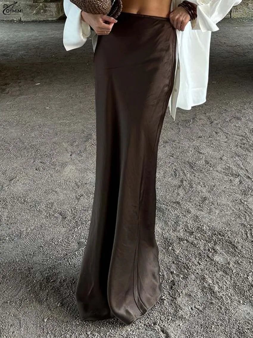 Women’s Chocolate Satin Maxi Skirt – Elegant High Waist Floor-Length Skirt-Skirts-CAMOUFIT-Brown-S-Sienarae