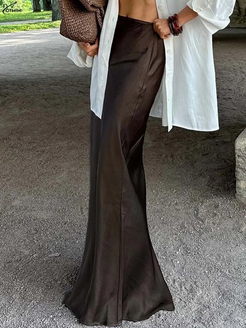 Women’s Chocolate Satin Maxi Skirt – Elegant High Waist Floor-Length Skirt-Skirts-CAMOUFIT-Brown-S-Sienarae