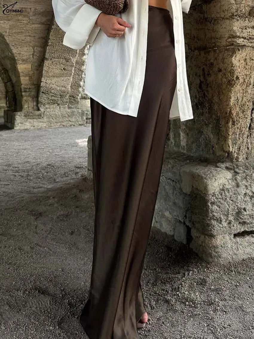 Women’s Chocolate Satin Maxi Skirt – Elegant High Waist Floor-Length Skirt-Skirts-CAMOUFIT-Brown-S-Sienarae