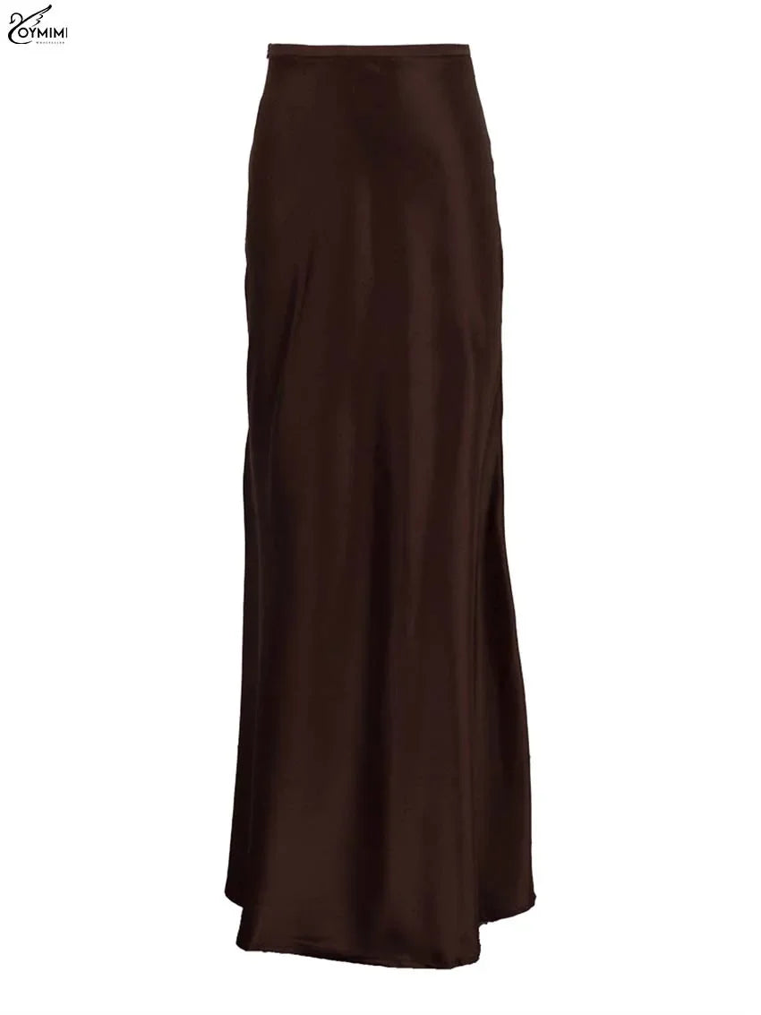 Women’s Chocolate Satin Maxi Skirt – Elegant High Waist Floor-Length Skirt-Skirts-CAMOUFIT-Brown-S-Sienarae
