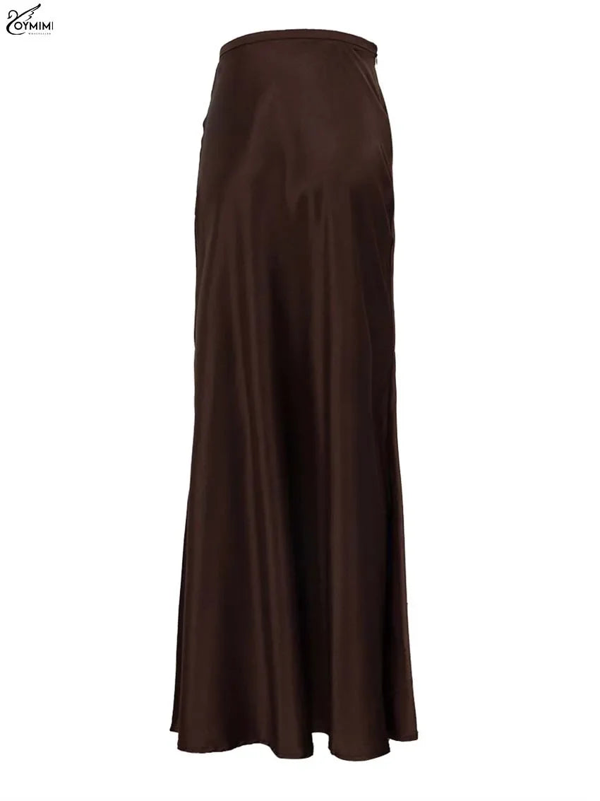 Women’s Chocolate Satin Maxi Skirt – Elegant High Waist Floor-Length Skirt-Skirts-CAMOUFIT-Brown-S-Sienarae