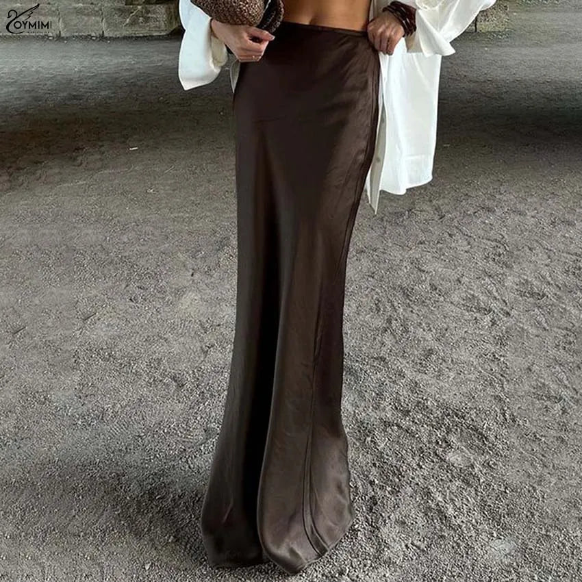 Women’s Chocolate Satin Maxi Skirt – Elegant High Waist Floor-Length Skirt-Skirts-CAMOUFIT-Brown-S-Sienarae