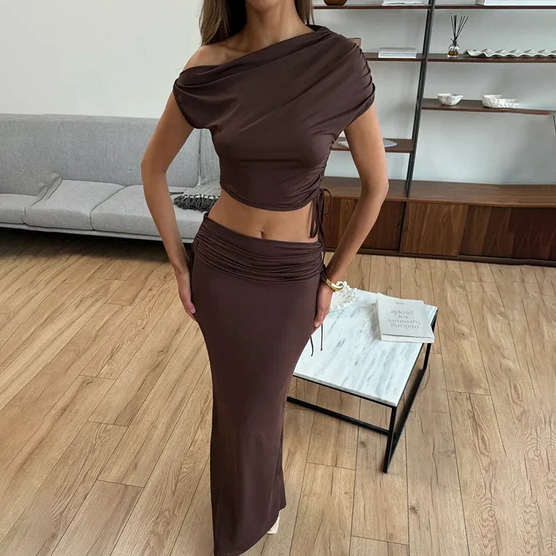 Women’s Off-Shoulder Ruched Maxi Skirt Set – Elegant Two Piece Co-Ord Outfit-Two piece sets-CAMOUFIT-Brown-S-Sienarae