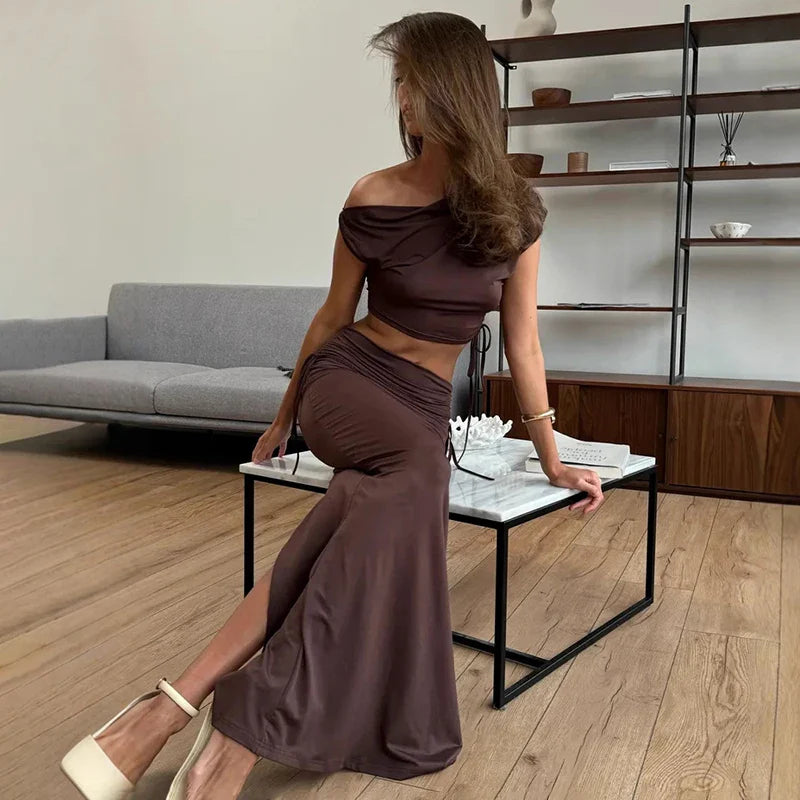 Women’s Off-Shoulder Ruched Maxi Skirt Set – Elegant Two Piece Co-Ord Outfit-Two piece sets-CAMOUFIT-Brown-S-Sienarae